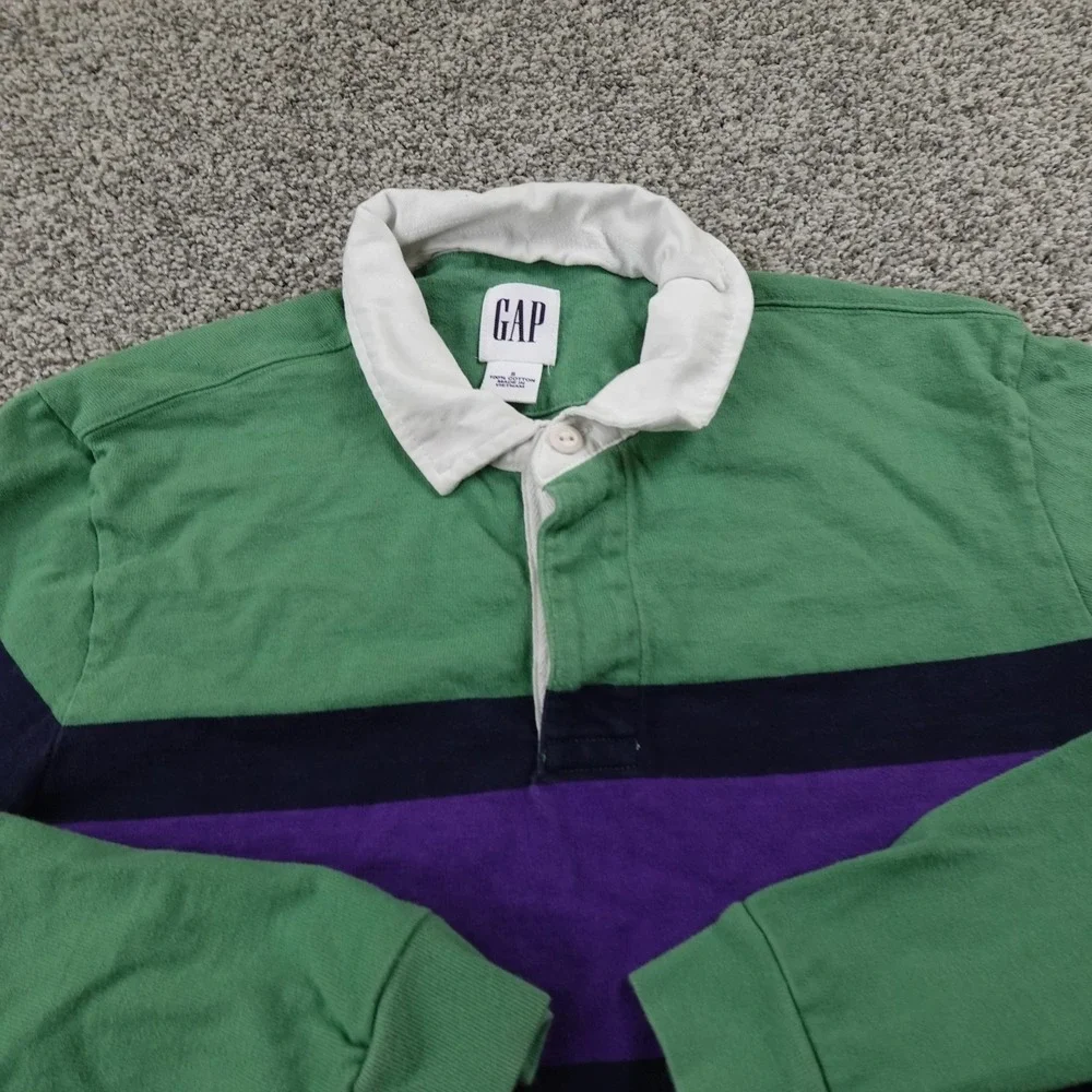 Gap Rugby Shirt‎ Mens S Green Purple Stripe Long Sleeve Polo Casual Preppy Y2K